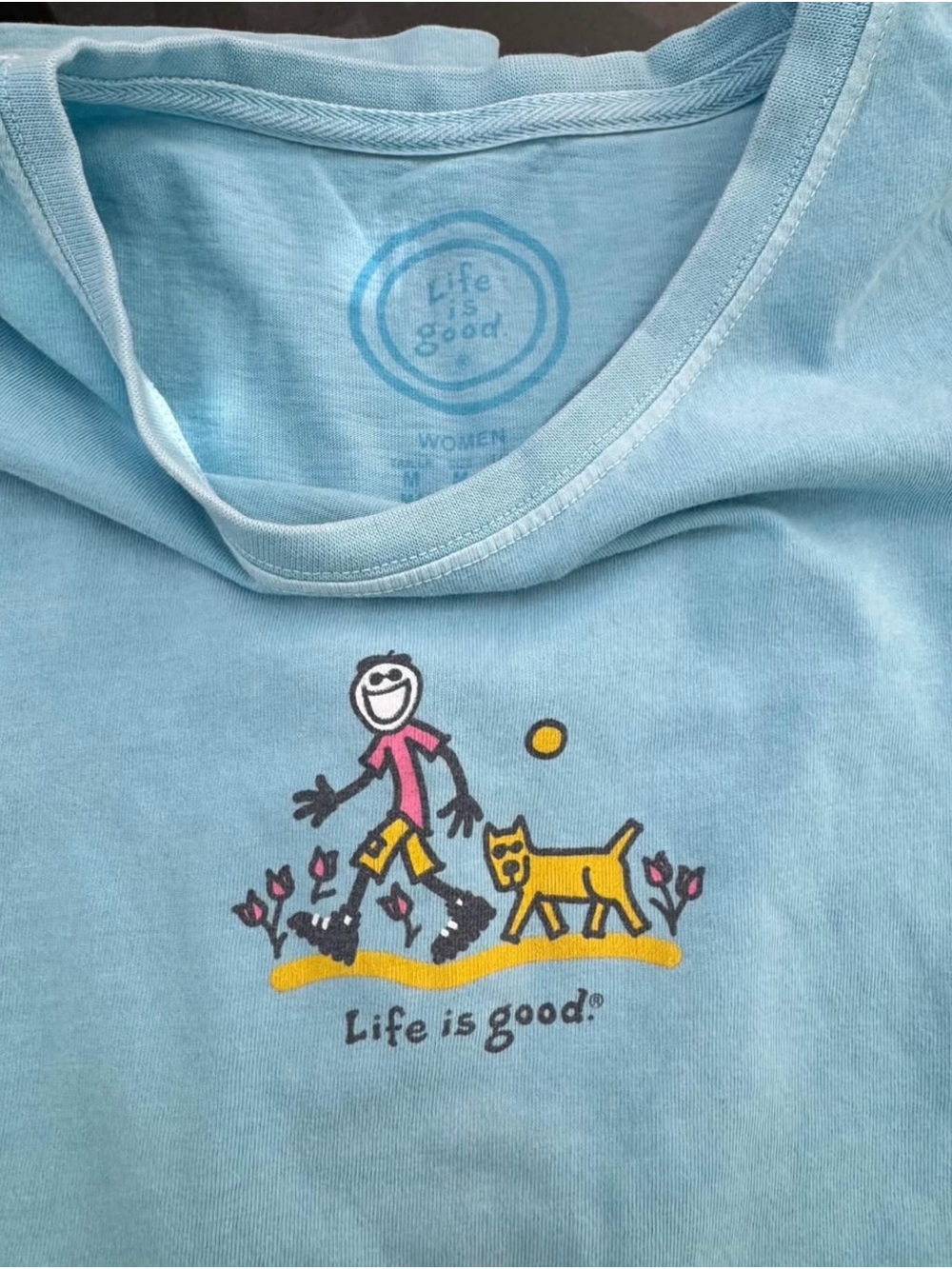 Life Is Good Light Blue Short Sleeve Tee with Walker and Dog Graphic